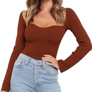 Brown Sweetheart Neckline Sweater